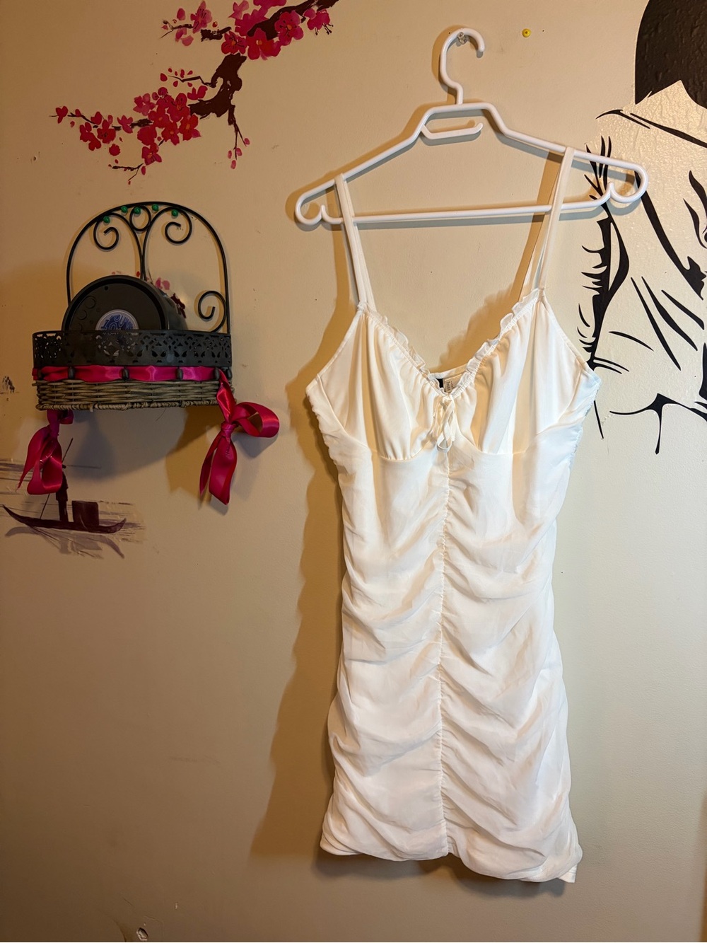 White Ruched Spaghetti-Strap Mini Dress - Picture 2 of 8